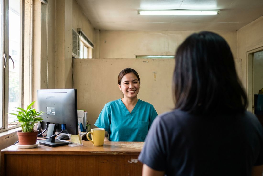 Clinic front desk staff greeting a patient at the counter