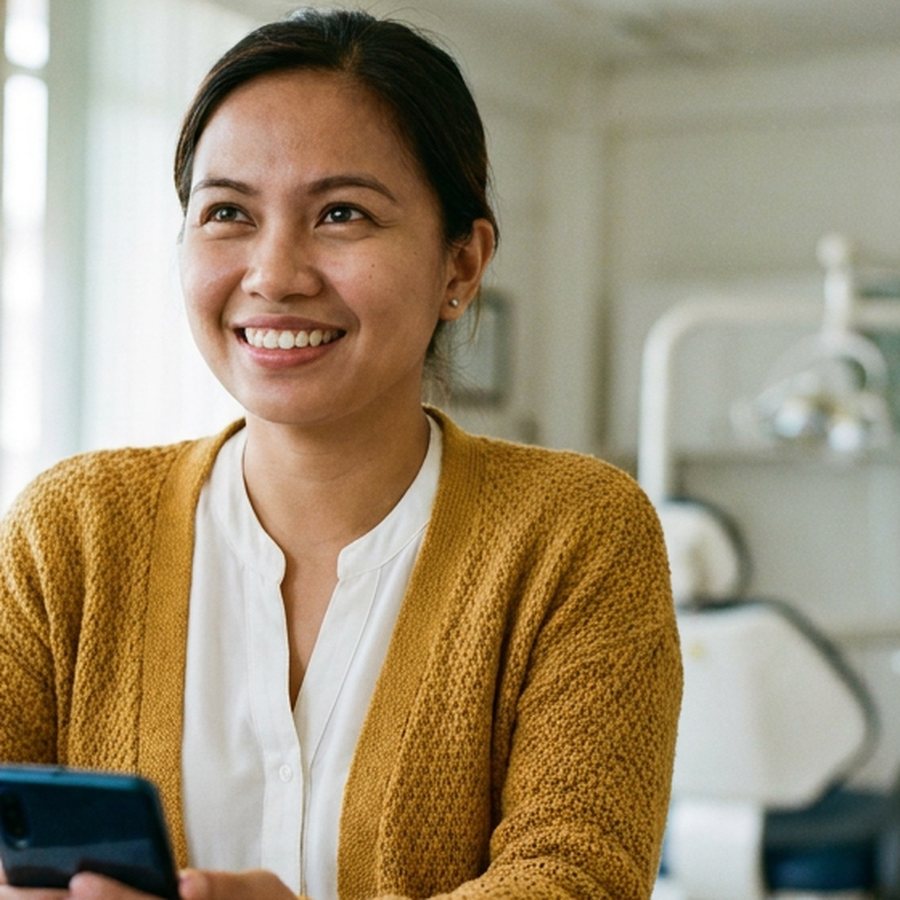 Front desk staff member at a small dental clinic, smiling and holding a phone