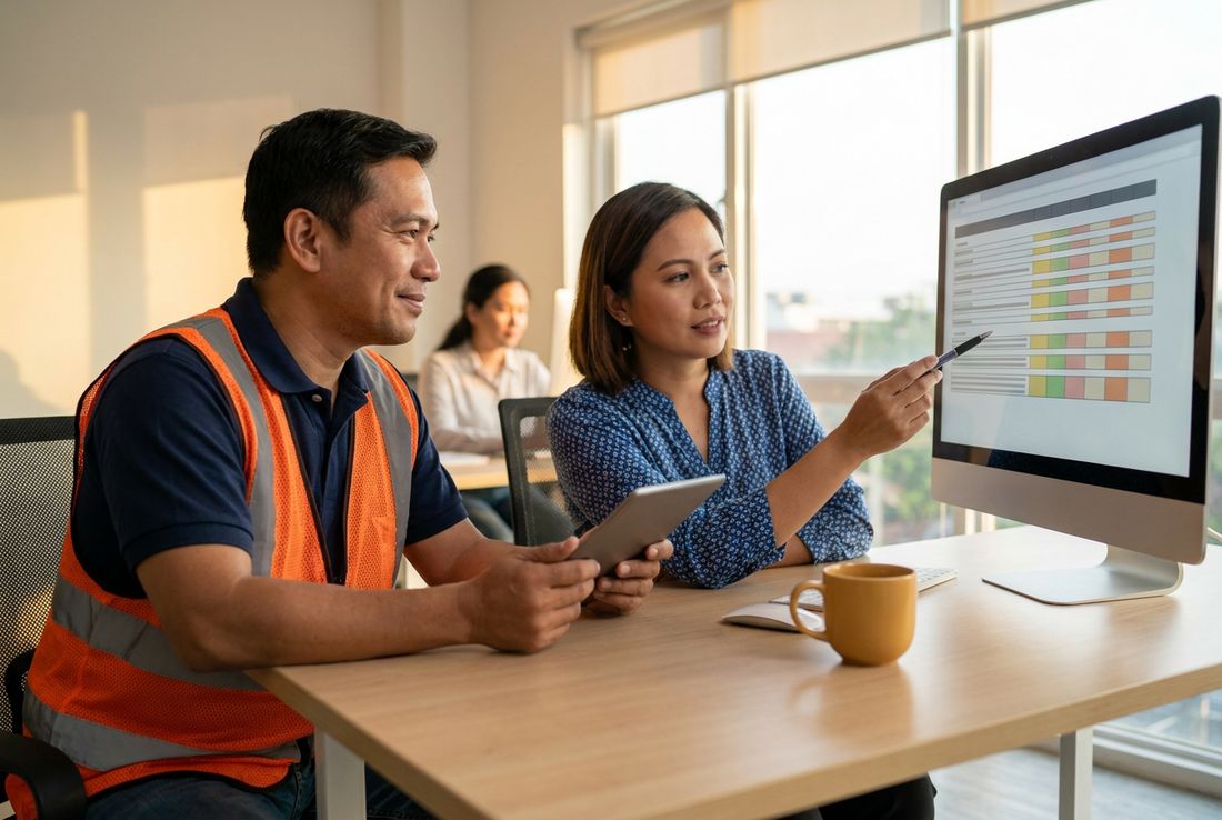 Operations coordinator and a delivery driver reviewing the bookings for the day in one table on an office monitor