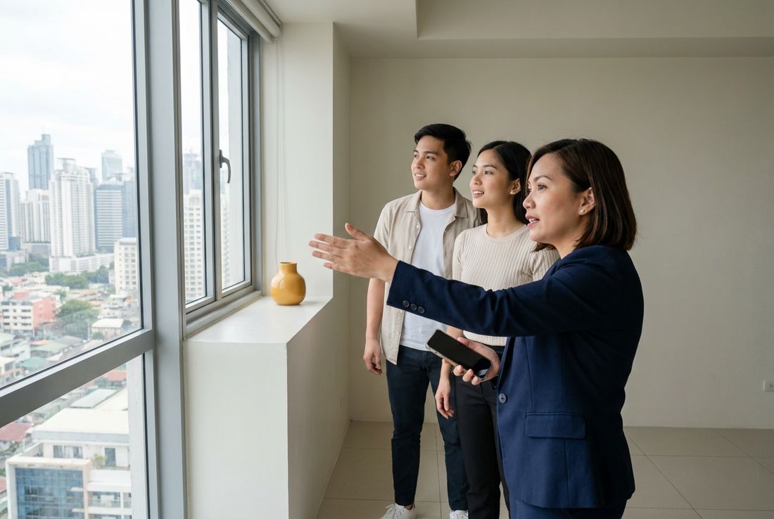 Property agent showing a condominium unit to a couple