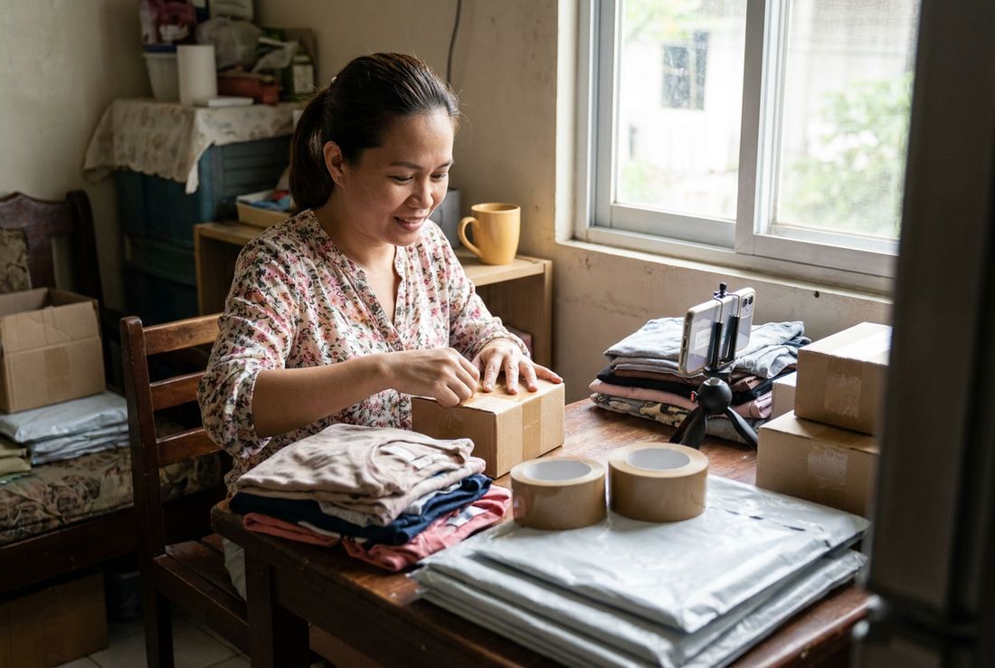 Online seller packing an order at home